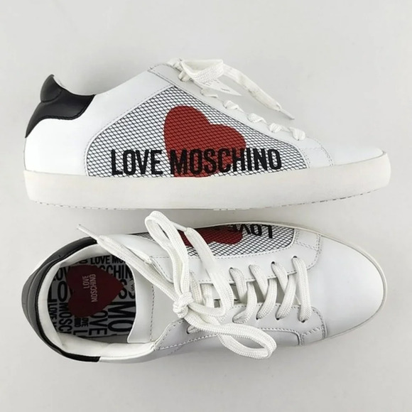 Love Moschino Women's White Black Leather Low Top Sneakers Logo Heart Sz 10/ 41 - Picture 13 of 16
